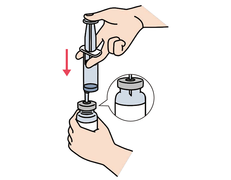 針先が液面についていないことを確認し、内筒をゆっくり押して、バイアルに空気を送り込みます。これをすることで、薬が抜き取りやすくなります。