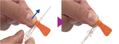 画像：薬液をすべて注入したら、注射器を台の上に置きます。アルコール綿を針の上にのせ、針を抜きます